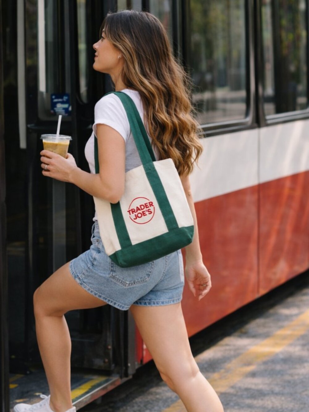 Trader Joes Mini Canvas Tote Green White NWT Viral Casual Everyday Purse Bag